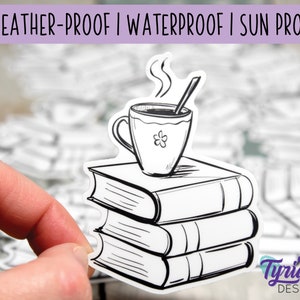 May include: Black and white illustration of a cup of coffee on top of a stack of three books. The sticker is weatherproof, waterproof, and sunproof.