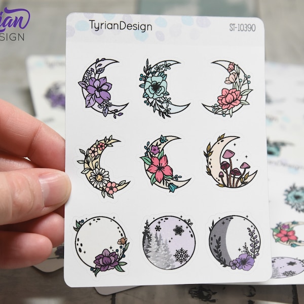 Moon Stickers | Variety Sheet of Moons | 9 Different Stickers per sheet | 1 x 1" Sticker size | | 3.5 x 4.5" Sheet | White or Clear Matte