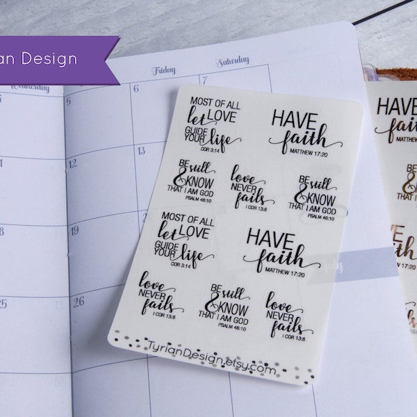 Small Bible Quote Stickers for Planners and Journals Vol 1. (Shown on Clear and with Rose Gold foil) , clear or white matte stickers,