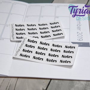 May include: A set of white planner stickers with the word "Notes" repeated on each sticker. The stickers are designed to be used in a planner or calendar.