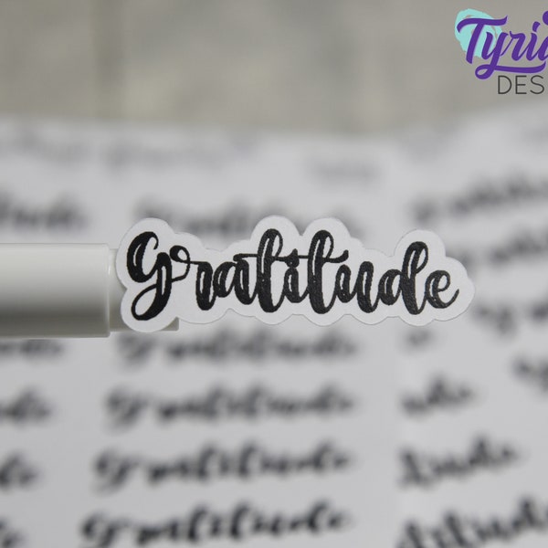 Gratitude Stickers | Script Gratitude Sticker | 12 stickers | 1.5 x .5 inches each | Foil Options | White Matte or Clear Matte | Izzy Font