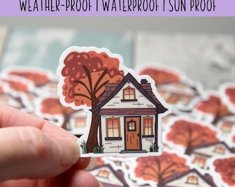 Fall House with Tree Vinyl Sticker | High quality weather proof vinyl | 2"x 2" | House Sticker|  Tumbler Sticker | Autumn Tree