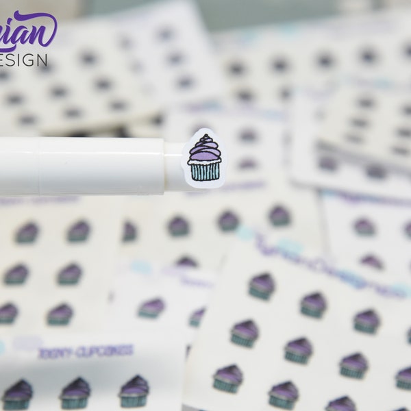 Cupcake Stickers | Tiny purple cupcake stickers on a mini sheet | 21 stickers | .34 x .42" each | Cake icon sticker | White or Clear Matte