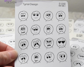 WAFI Emo Stickers (Pack 2) | Variety of Emotions | 16 Stickers | .72 x .78" each | 3.5 x  4.5" Sheet | White or Clear Matte