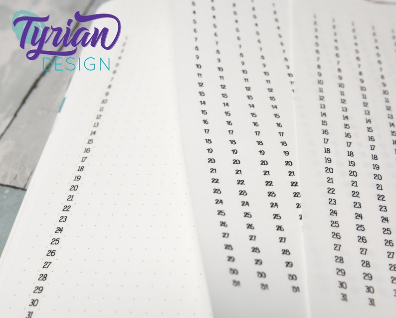May include: A close-up of a white notebook with black numbers from 1 to 31 listed down the side of the page. The numbers are repeated multiple times across the page.