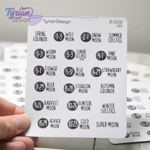 2026 Full Moons & Eclipses Icon Stickers | Full Moon and Eclipse Moons | 19 Stickers per sheet | 3.5 x 4.5" Sheet | White or Clear Matte