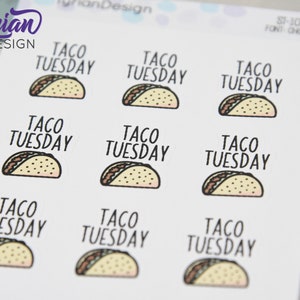 Peut inclure: Neuf autocollants blancs avec une illustration en noir et blanc d'un taco et le texte "Taco Tuesday".