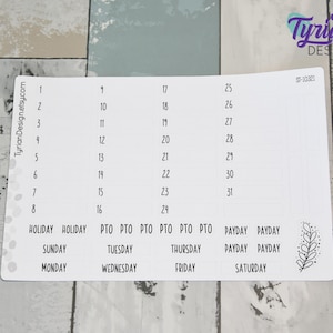 Monatliches Datum Kit | Hobonichi Cousin | Monatspaket A5 | Datumsdeckel | Sonntag oder Montag Start | 1 Bogen 5x7 | 58 Aufkleber