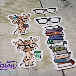 Journaling sticker pack, Nerd giraffes, glasses and book stack. 5 stickers perfect for bullet journal, memory keeping, journal deco.