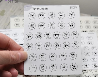 Small WAFI Emo Stickers | Variety of Emotions | 32 Stickers | .5 x .54" each | 3.5 x  4.5" Sheet | White or Clear Matte