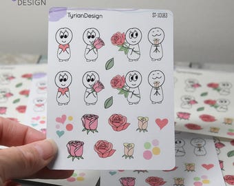 WAFI with Roses and Hearts Stickers | Smell the Flowers | 19 Stickers | 3.5 x  4.5" Sheet | White or Clear Matte
