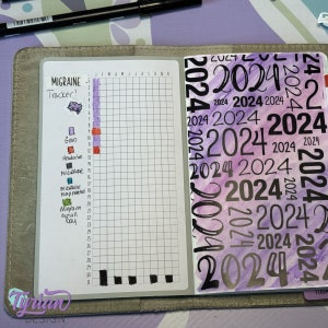 May include: A migraine tracker with a grid for each month of the year. The grid is filled with coloured squares representing different types of headaches. The tracker is labelled "Migraine Tracker!" and includes a small drawing of a brain. The image also shows a page with the year 2024 printed repeatedly in black on a purple and pink background.
