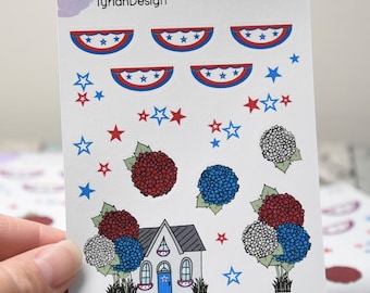 Red White and Blue Hydrangea House Journal Stickers  | Journaling | Flower Stickers | 22 Stickers | White or Clear Matte | 3.5x4.5" Sheet