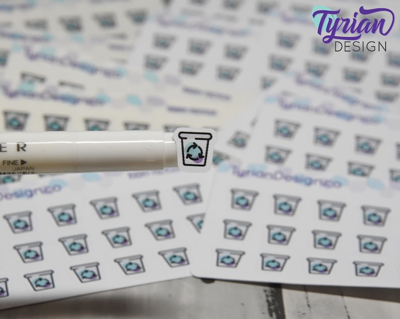 May include: A sheet of stickers with a design of a recycling bin with a recycle symbol. The stickers are white with a light blue and purple design. The stickers are arranged in rows and columns. The word "Tyrian Design" is printed in black on a white background.