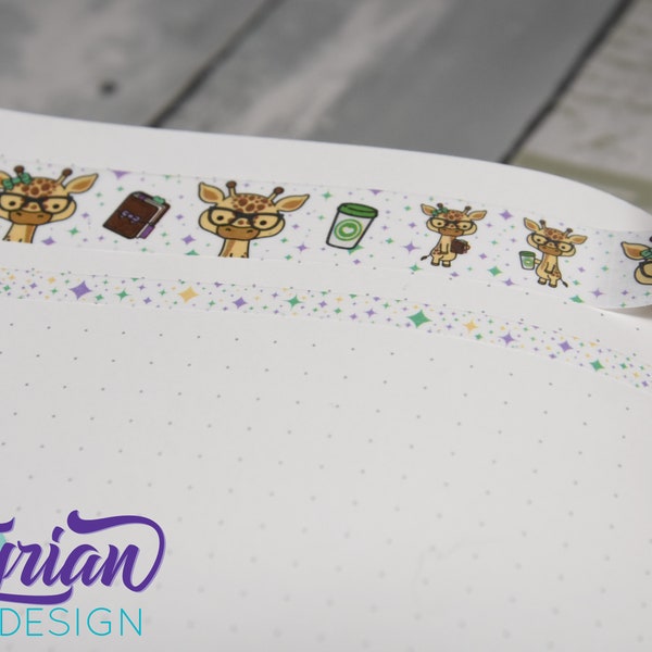 Nerd Giraffe washi tape with coffee and planner. Norman and Norma on Washi Tape. Available in 15mm and coordinating 5 mm rolls.