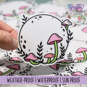Pink Moon with Mushrooms Vinyl Sticker | High quality weather proof vinyl | 3 x 3&quot; | Monotone Moon | Pastel sticker | Shades of Pink