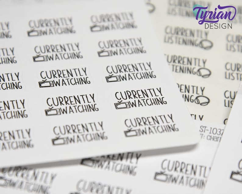 May include: A sheet of white stickers with the text "Currently Watching" and a television icon. The stickers are printed in black ink.