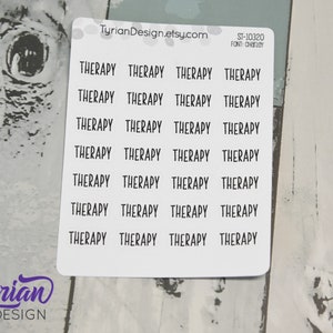 May include: A sheet of white sticker paper with the word "THERAPY" repeated 24 times in black text. The text is in a simple, handwritten font. The sticker sheet is labelled "ST-10320" and "FONT: CHARLEY".