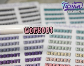 May include: A sheet of stickers featuring the word "WORKOUT" in pink bubble letters with a black outline. The stickers are on a white background, and the word is repeated in various colours. The brand name "Tyrian Design" is in the upper right corner.
