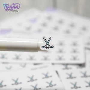 Hockey Stickers | Tiny Hockey stick stickers | Mini sheet | 18 stickers | .43 x .45&quot; each | Hockey icon | White or Clear Matte