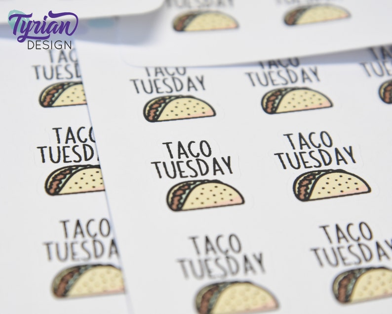 Peut inclure: Une feuille d'autocollants blancs avec une illustration en noir et blanc d'un taco et le texte "Taco Tuesday".