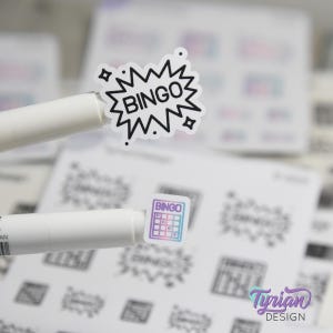 Autocollants de bingo | Autocollants pour cartes de bingo | 16 autocollants | 2 tailles | 2 modèles | Feuille de 3,5 x 4,5 po. | Blanc ou transparent mat |