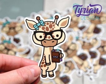 Nerd Giraffe with Planner, Traveler&#39;s Notebook Vinyl Sticker, Norma is a high quality weather proof vinyl. 2.25x3 inches approx