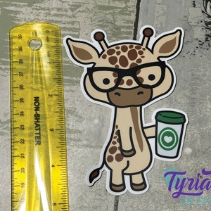May include: A cartoon giraffe wearing glasses and holding a green and white coffee cup with a heart on it. The giraffe is brown with white spots and has a white background.