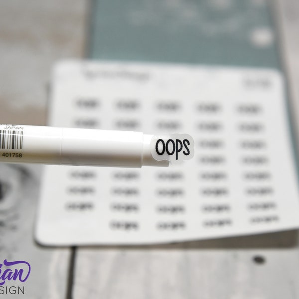 Oops Stickers | Mistake stickers | 40 Stickers | .48" x .34" Each | 3.5 x 4.5" Sheet | Beau Font | White or Clear