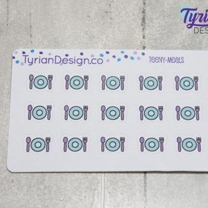 May include: A sheet of 18 stickers featuring a simple design of a plate, fork, and spoon. The stickers are white with light blue plates and purple utensils. The text "TEENY-MEALS" is printed at the top of the sheet.