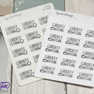 May include: Two sheets of white sticker paper with black text and icons. One sheet has 10 stickers that say "Currently Listening" with a headphone icon. The other sheet has 12 stickers that say "Currently Watching" with a television icon.