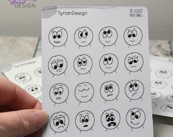 WAFI Emo Stickers (Pack 1) | Variety of Emotions | 16 Stickers | .72 x .78" each | 3.5 x  4.5" Sheet | White or Clear Matte