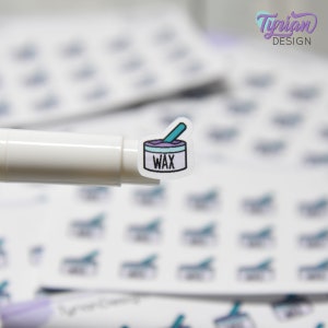 May include: A white sticker with a cartoon illustration of a purple wax container with a blue lid and a blue stick inside. The container has the word "WAX" printed on it.