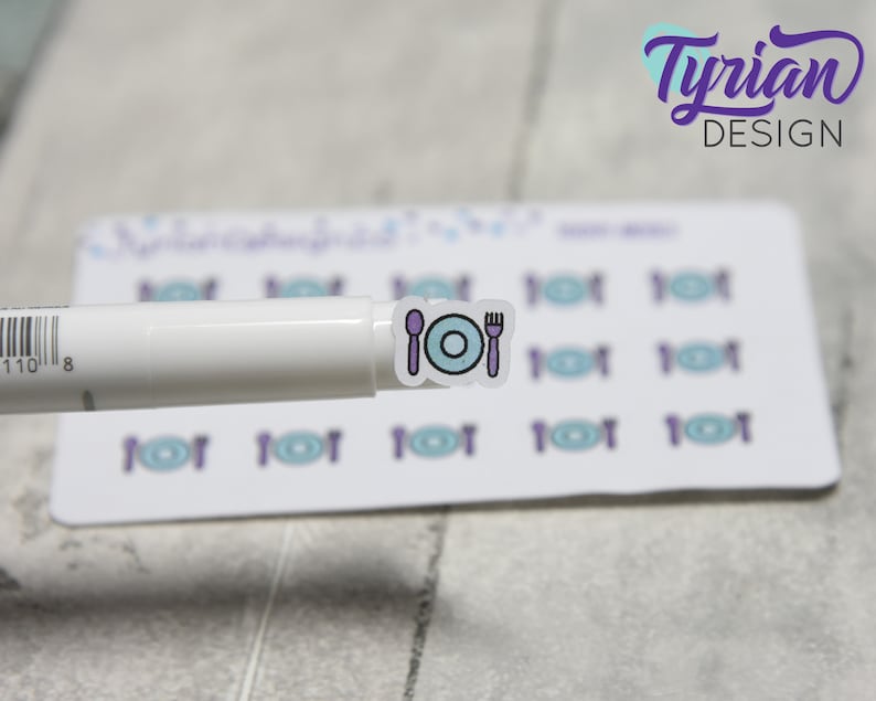 May include: A sheet of stickers with a blue and purple design of a plate, fork, and spoon. The stickers are on a white background.