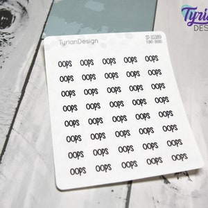 May include: A sheet of white sticker paper with 30 black "Oops" stickers arranged in a grid pattern. The stickers are printed in a handwritten font.