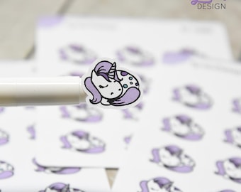 Sleeping Unicorn Stickers | 12 Stickers | .82 x .78 each | Lazy Napping Unicorn | White or Clear Matte