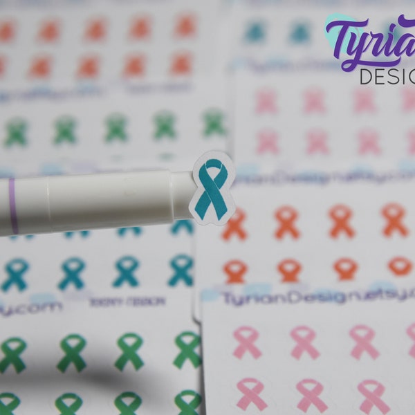 Mini Awareness Ribbon | 14 Stickers | .33" x .57"each | Mini Sheet of small Ribbon stickers | White & Clear Matte