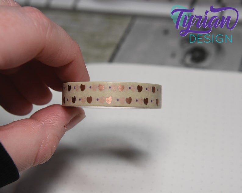 10mm Rose gold washi tape with neutral background. Rose Gold hearts on natural background washi tape