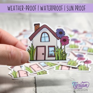 Bloemenhuis vinylsticker | Hoogwaardig weerbestendig vinyl | 2" x 1,79" | Feeënhuissticker| Kleine huissticker | Tuimelaar sticker