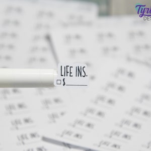 Autocollants d’assurance-vie | Autocollants budgétaires | 18 autocollants | .78 » x .54 » chacun | 3.5 x 4.5 » Feuille | Charley Font | Blanc ou clair