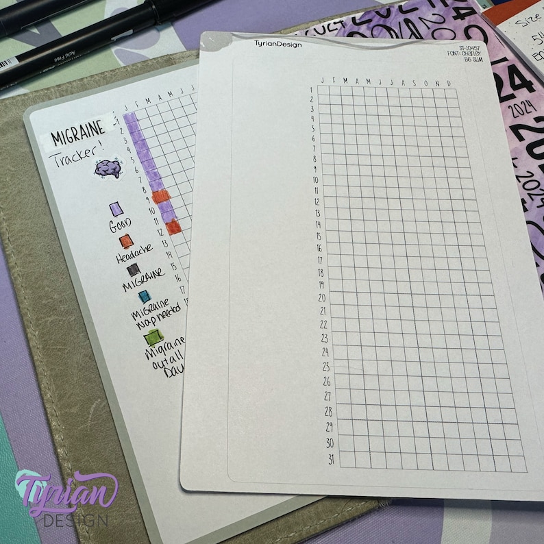 May include: A printable migraine tracker with a calendar grid for tracking headaches and migraines throughout the year. The tracker includes a key with different coloured squares representing different levels of migraine severity, including good, headache, migraine, migraine nap needed, and migraine out all day.