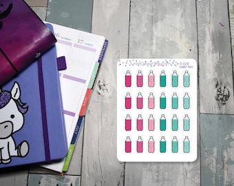 May include: A sheet of stickers featuring water bottle illustrations in shades of pink and teal. The stickers are labeled "Summer Vibes" and are next to a purple and blue notebook with a unicorn design.