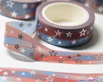 Stars and Stripes Silver Foil Washi Tape. 15mm  Red, White and Blue  Background with Silver Foil Stars
