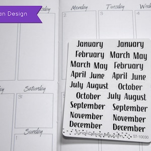 January - December Monthly Stickers -Set of Two months - for Planners and Journals. (Shown on a various planners/notebooks/journals)