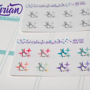 Icône de nettoyage, autocollants de balai. Poussière magique, différentes options de couleur. Mini feuille d'autocollants pour agendas, journaux et calendriers