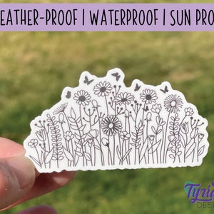 Wilde Blumen Vinyl Aufkleber | hochwertiges wetterfestes Vinyl | 3 x 1,5" | Schwarzweiß Blumen Aufkleber