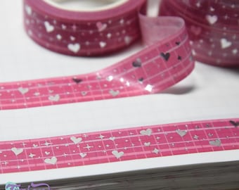 Pink Plaid Hearts and Stars Silver Foil Washi Tape. 15mm  Pink Background with Foil Hearts and Stars