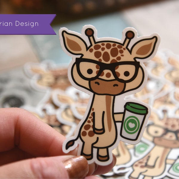 Nerd Giraffe with Coffee/Drink Vinyl Sticker, Norman Sticker is high quality weather proof vinyl. 2.25x3 inches approx