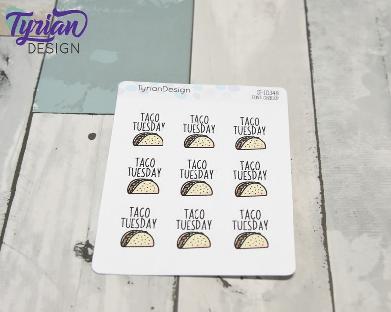 Peut inclure: Neuf autocollants blancs avec un contour noir et un taco de dessin anim&eacute; avec le texte "Taco Tuesday" imprim&eacute; sur chacun.