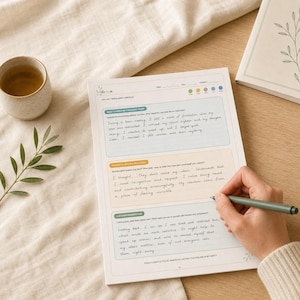 May include: A white paper reflection journal page with three colored sections titled What stirred my emotions today, Thoughts, needs & reactions, and A kinder perspective. The page contains handwritten text in blue ink and a green pen.
